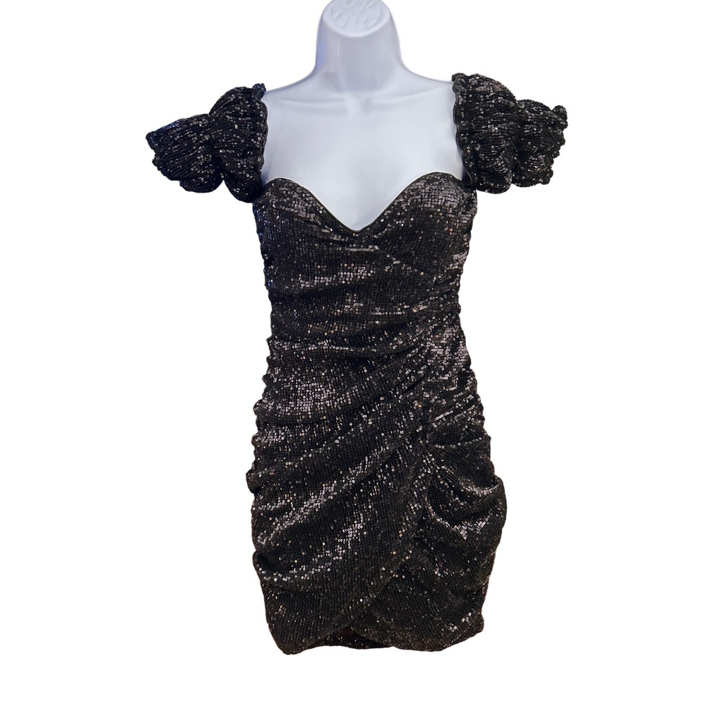 STEELE XXS Black Sequin Puff Sleeve Mini Dress Party Cocktail Bodycon Ruched